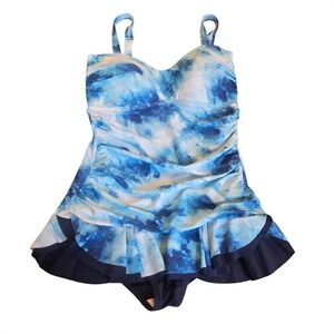 Mazu‎ Swim Womens Blue Tie Dye Ruched Ruffle One Piece Swimdress Size M